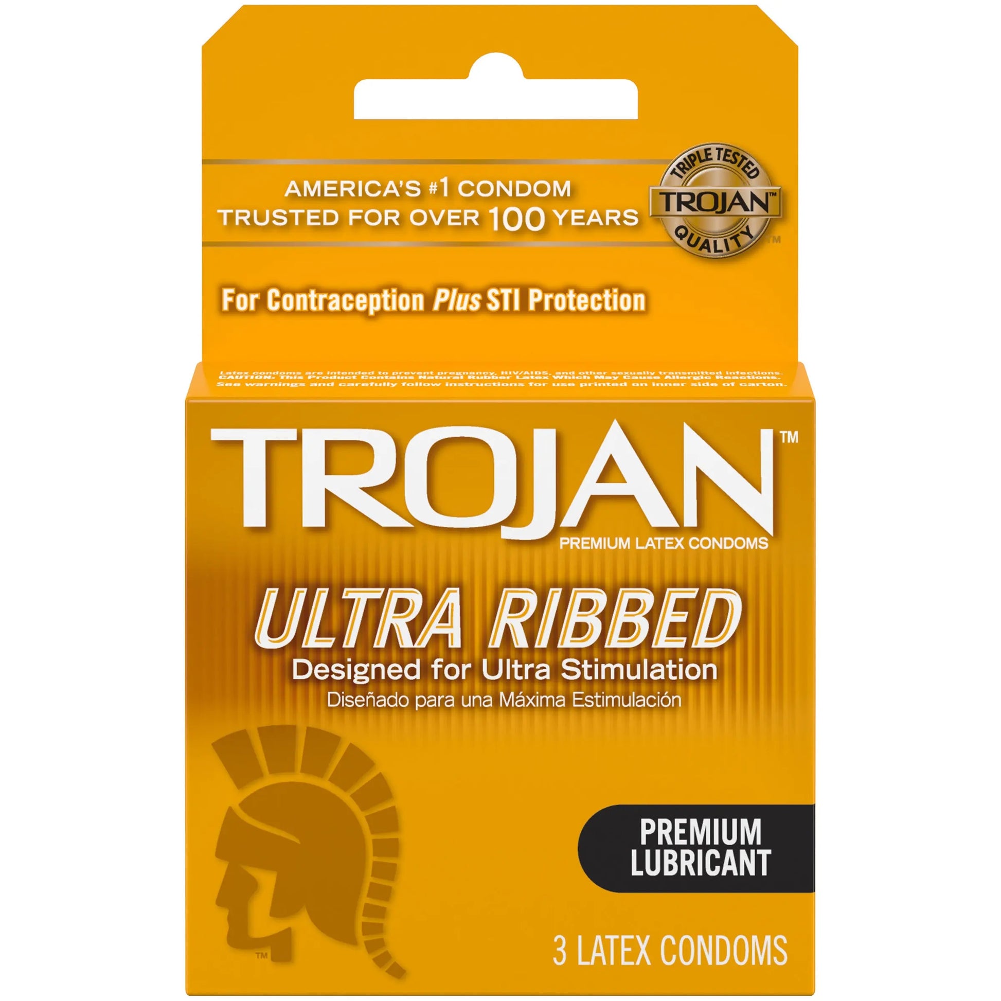 TROJAN ULTRA RIBBED LUB 3'S (GOLD)