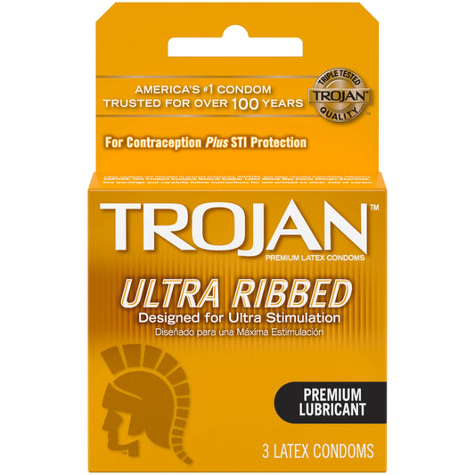 TROJAN ULTRA RIBBED LUB 3'S (GOLD)